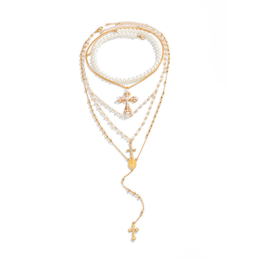 French Stacked Portrait Imitation Pearl Necklace Ethnic Exaggerated Cross Pendant