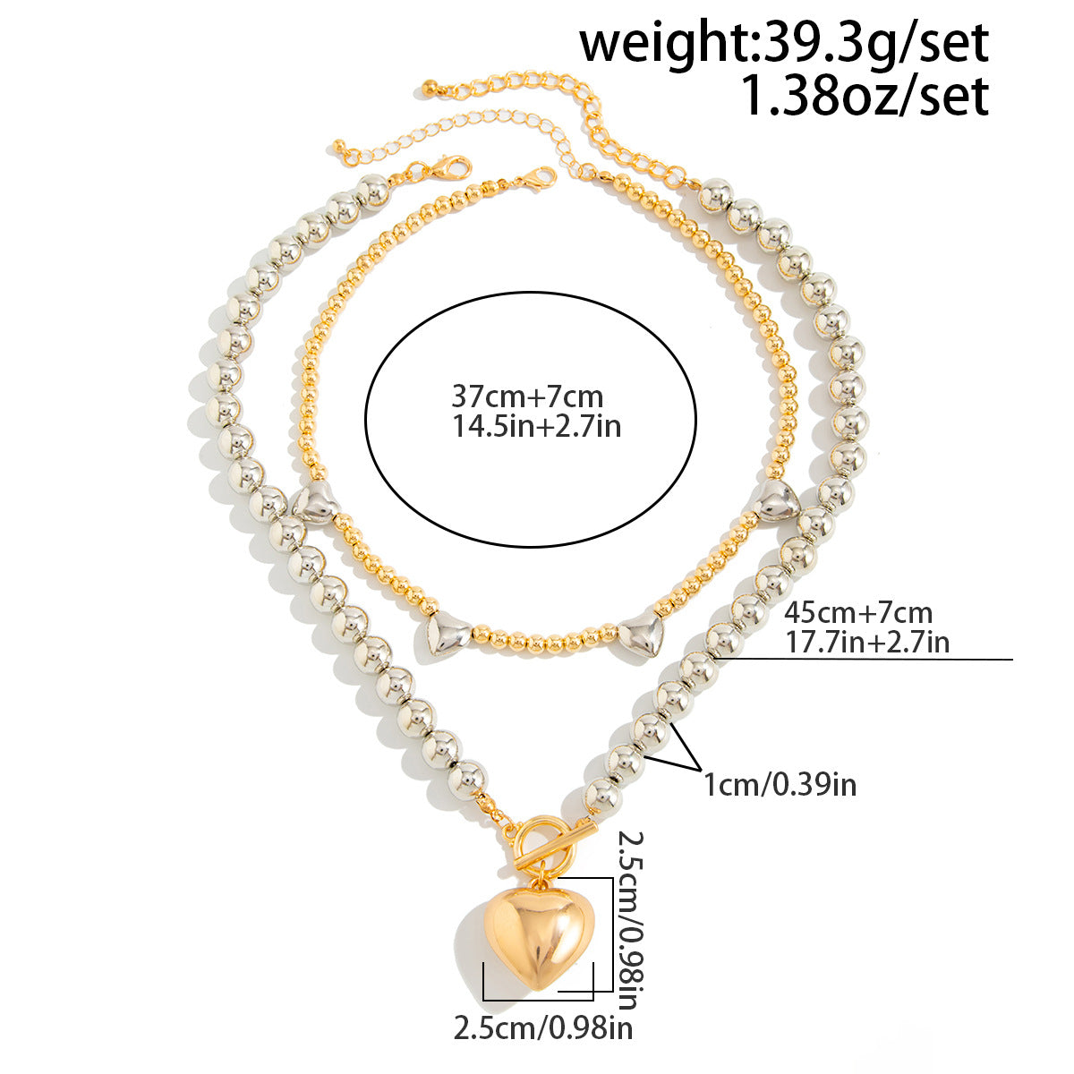 Heart Pendant Double-Layer Beaded Necklace Set