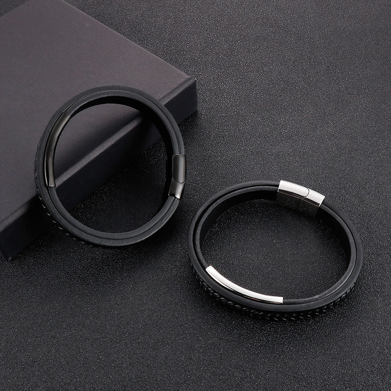 Planderful Everyday Genie Mens Leather Steel Curved Bracelet