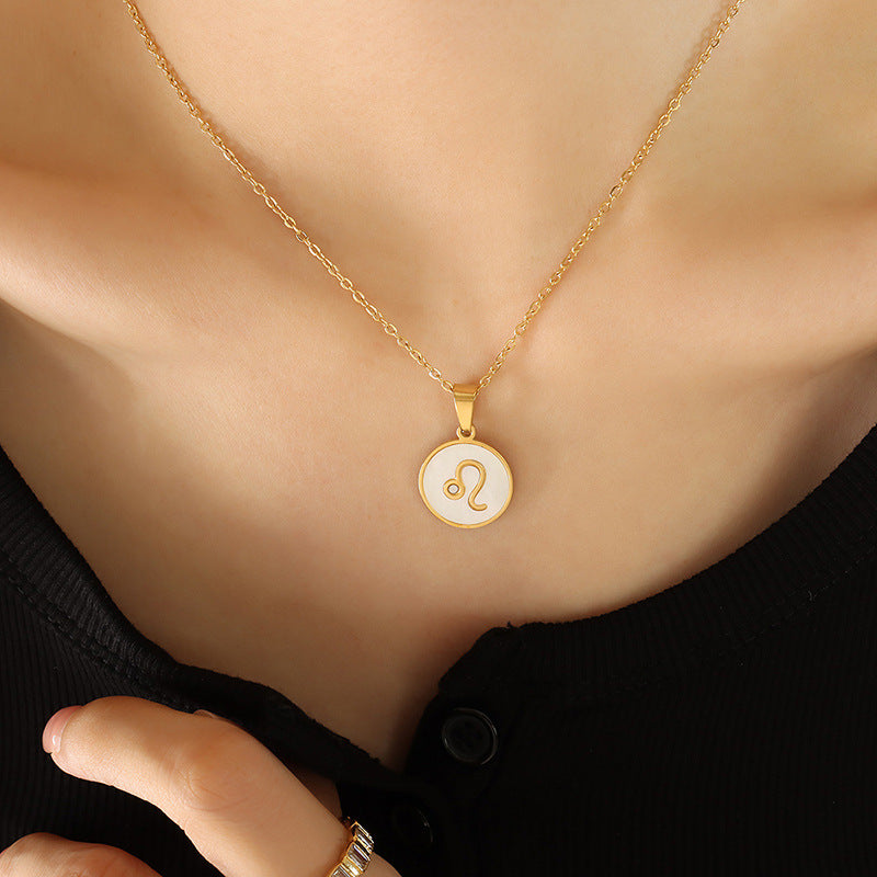 Celestial Zodiac Necklace Set with White Sea Shell Pendant - Titanium Steel Gold Plated Women's Jewelry