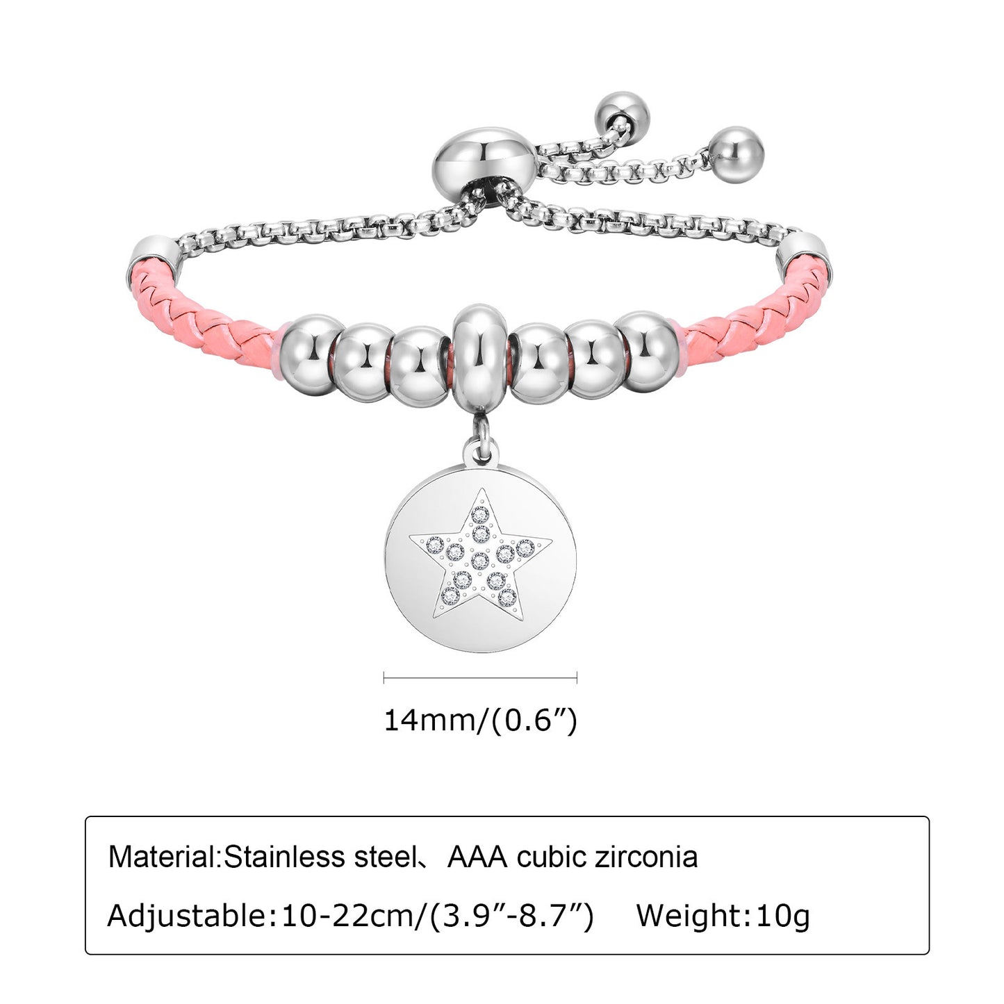 Stainless Steel Leather Inlaid Zircon Star Adjustable Bracelet