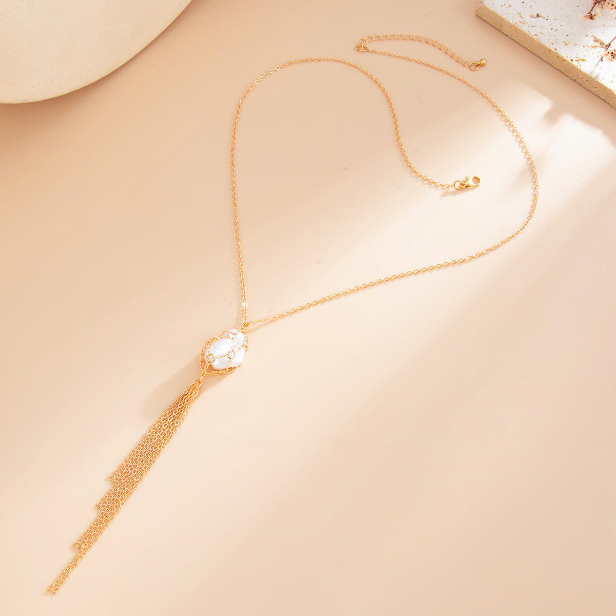 Baroque Pearl Mesh Tassel Long Necklace