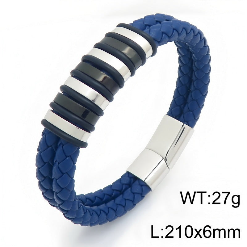 Woven Leather Bracelet Black & White Bead Spacer Stainless Steel Magnetic Suction