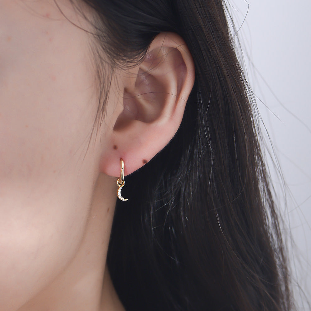S925 Sterling Silver Small Micro-Inlaid Zircon Moon Earrings