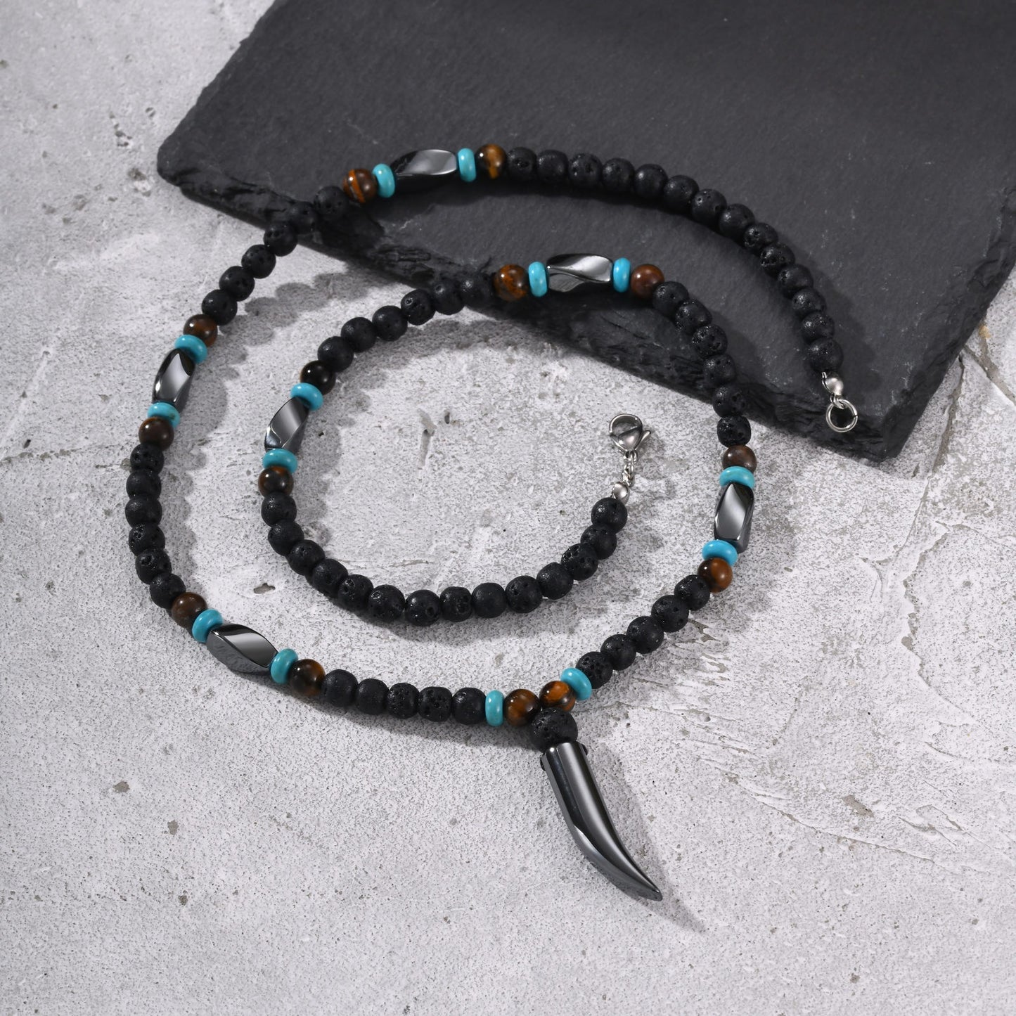 Men's Stainless Steel Volcanic Stone Tiger's Eye Stone Wolf Tooth Pendant Necklace Punk
