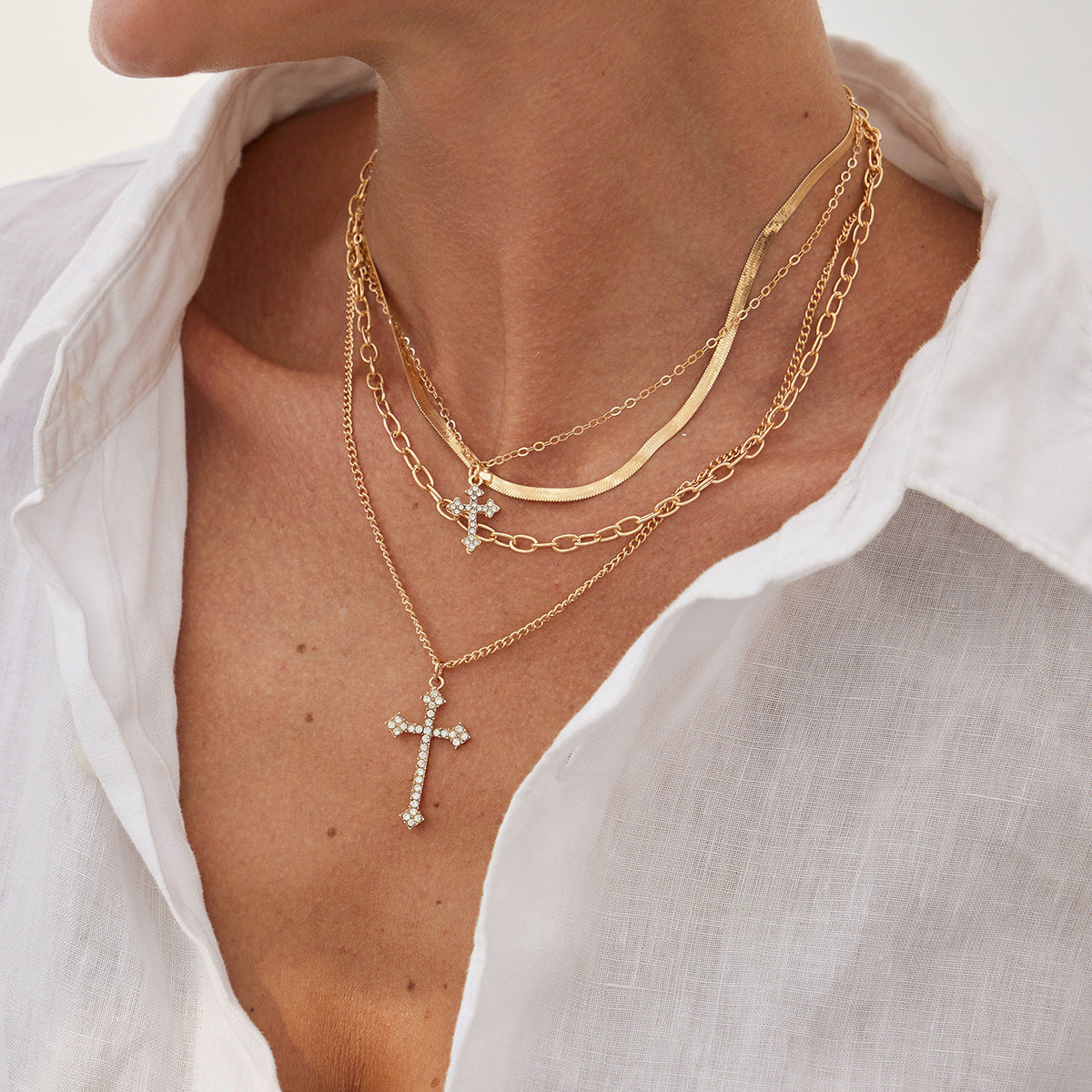 European and American cross-border personalized versatile zircon-encrusted cross pendant necklace, temperament stacked with cold ins long jewelry