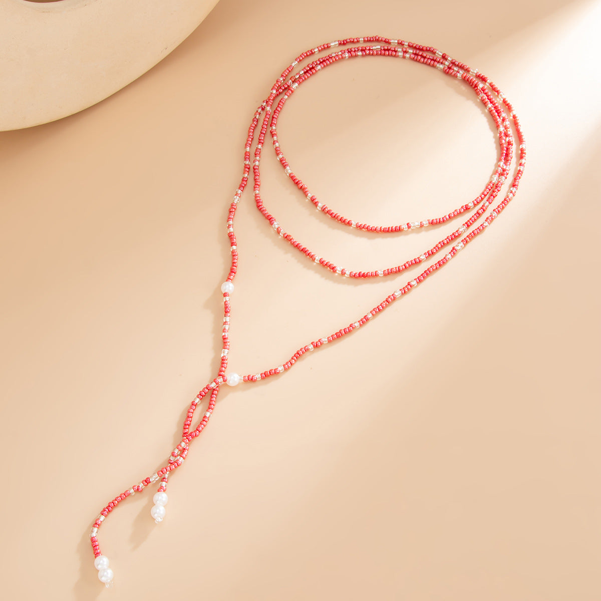 Long Winding Y-Shaped Fringed Pearl Necklace Holiday Style Red Rice Beads Beaded