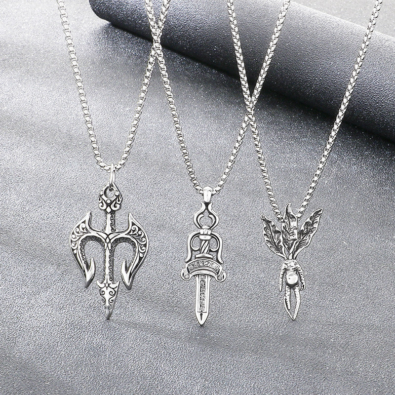 Poseidon Three-Pronged Dry Pendant, Retro Magic Mandela Grass Sword Titanium Steel Men's Pendant Necklace