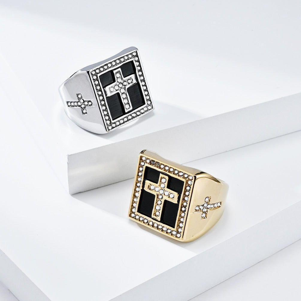 Planderful Hip Hop Ring For Men Zircon Cross Square Seal Plated Titanium Steel Bold Statement