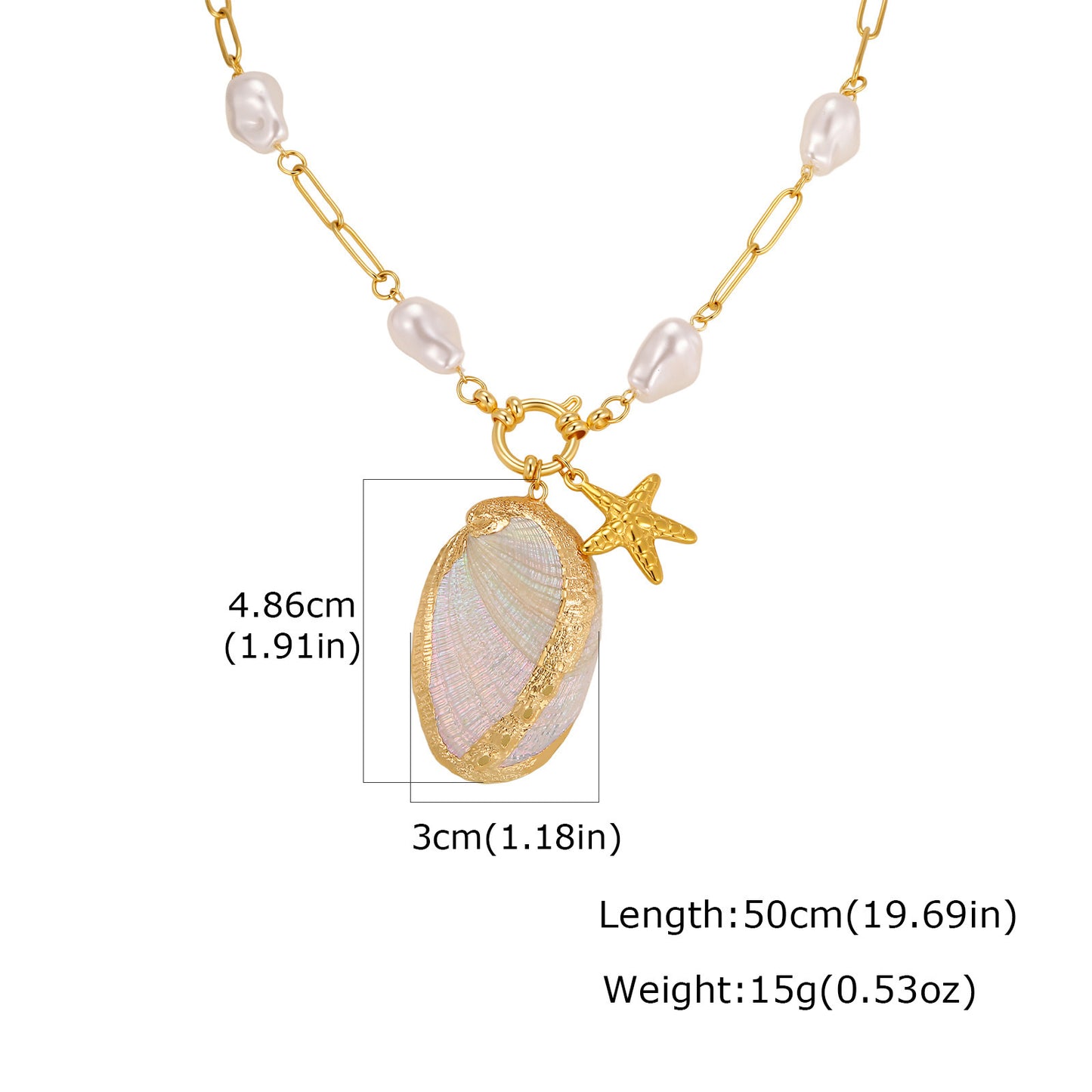 Ocean Wind Stainless Steel Gold-Plated Edge Natural Conch Shell Imitation Pearl Starfish Necklace