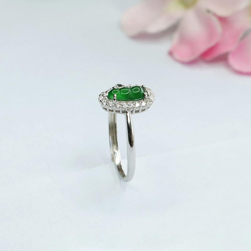 Icy Green Jadeite Bean 925 Silver Adjustable Ring