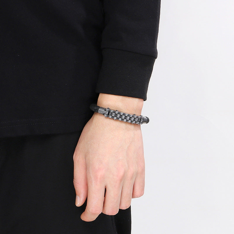 Business Style Strap Chain Woven Leather Rope Bracelet – Stainless Steel Bicycle Chain