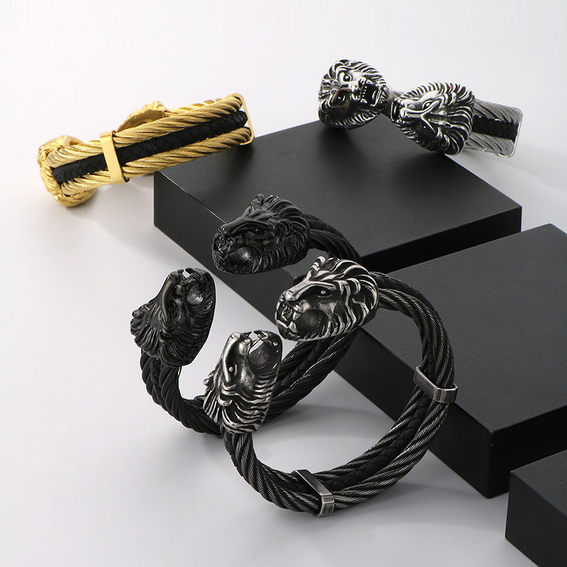 Planderful Titanium Lion Head Leather Bracelet For Men