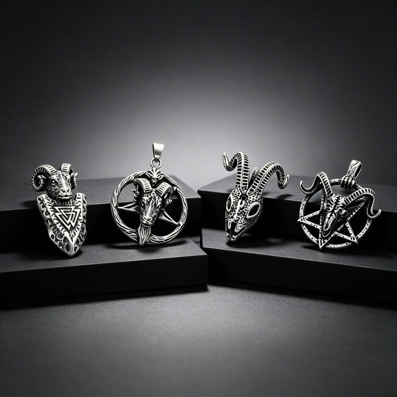 Dark Gothic Baffle Goat Head Pentagram Pendant Casting Three-Dimensional Demon Stainless Steel Men's Necklace