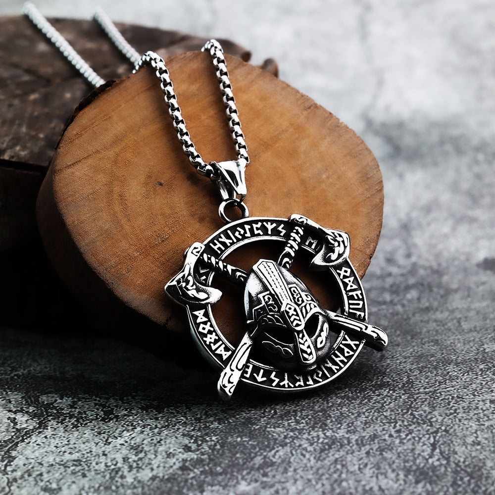 Nordic Viking Rune Double Axe Helmet Stainless Steel Pendant Necklace