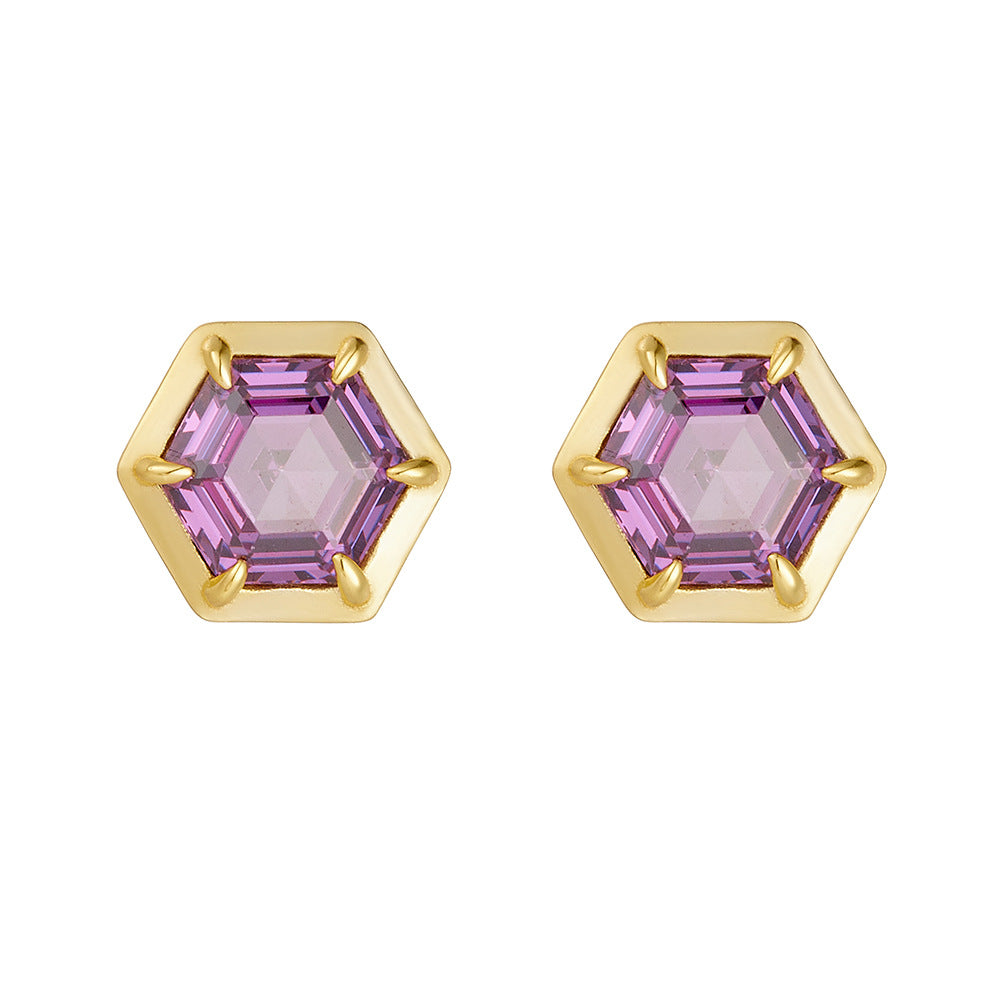 Geometric Hexagonal Amethyst Zircon Sterling Silver Stud Earrings 'S Color