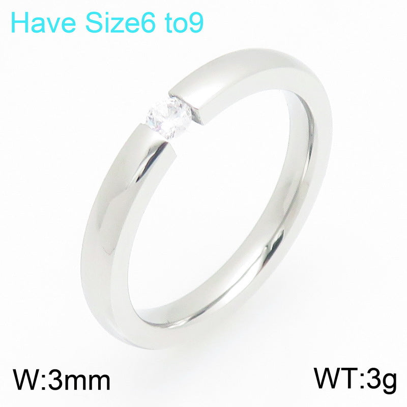 Zircon Ring Korean Vacuum Plating 3mm Round Stainless Steel Ladies Zircon Ring