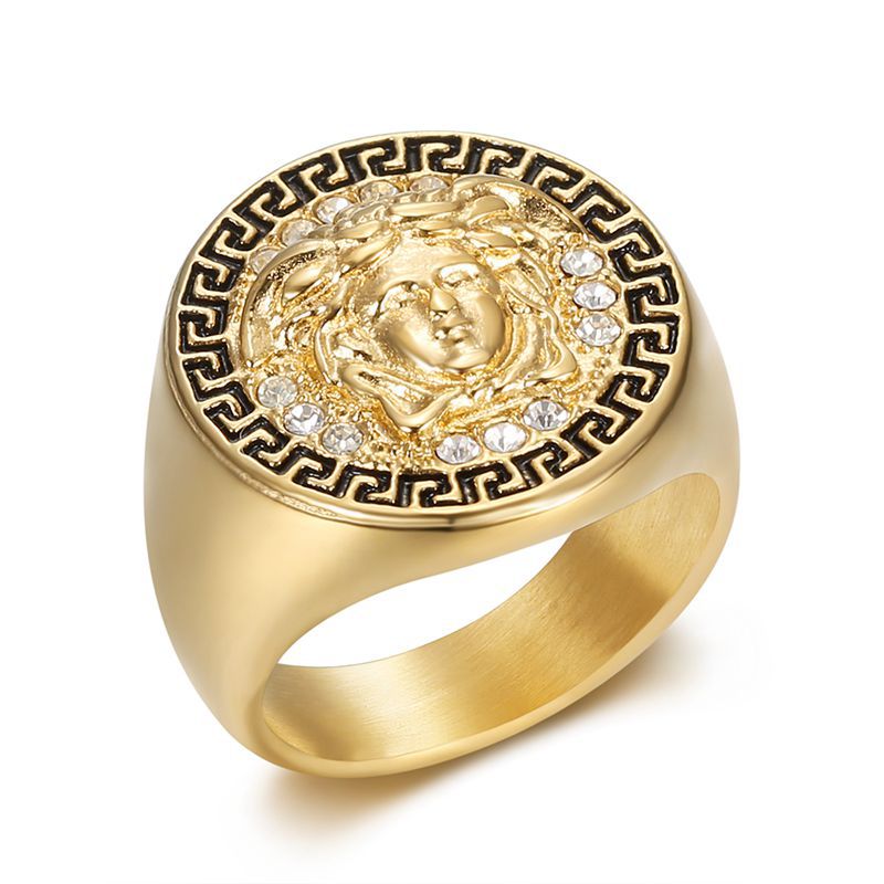 Planderful Everyday Genie Hip Hop Ring Titanium Steel Gold Plated Rhinestone Greek Mythology Head Mens