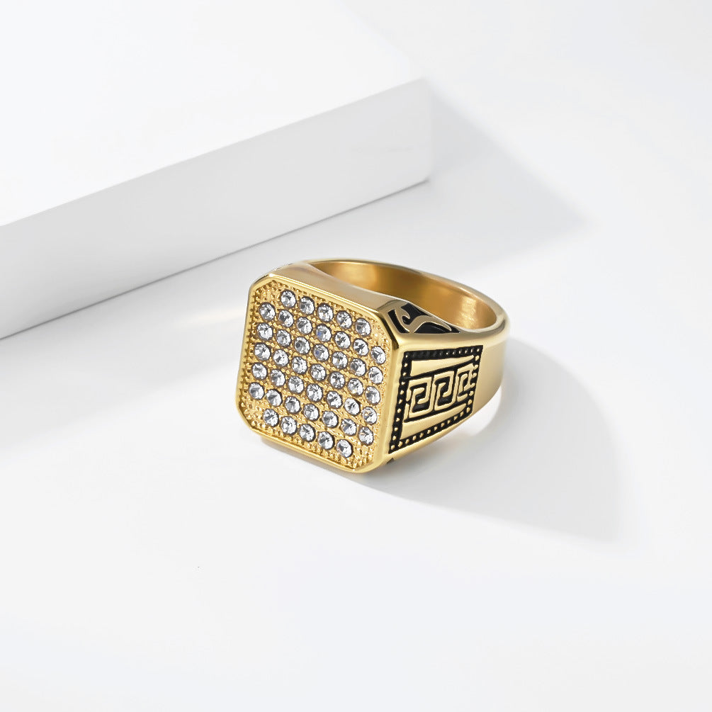 Great Wall Pattern Pavé Zircon Seal Stainless Steel Ring Men's Gold-Plated Index
