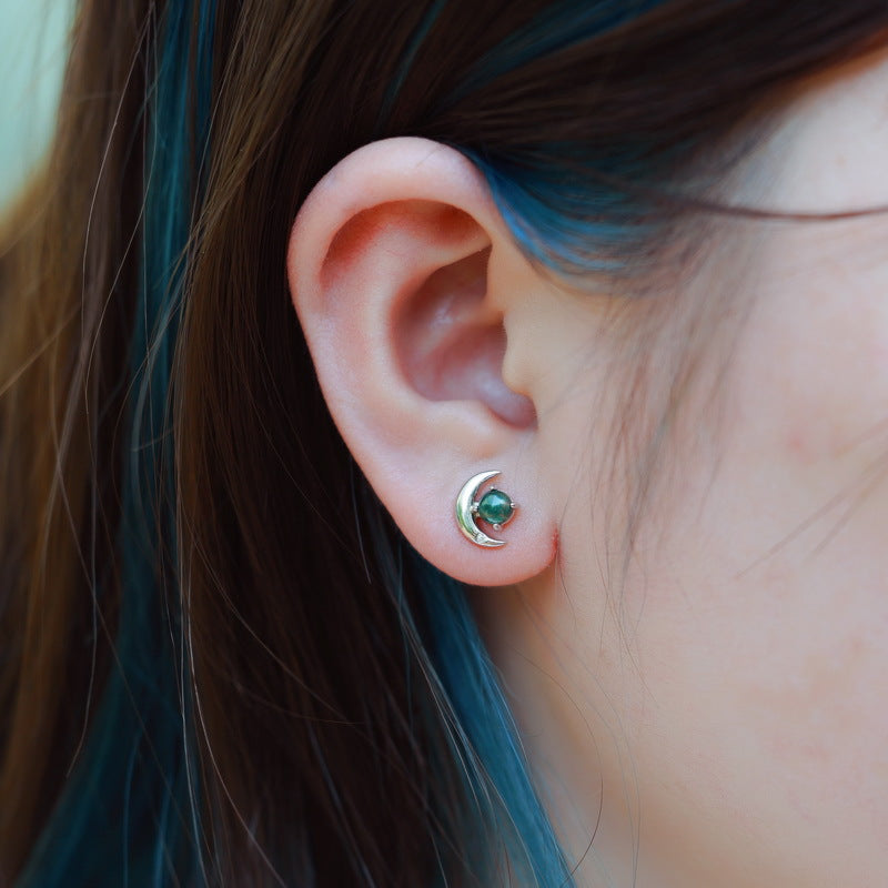 S925 Sterling Silver Moss Agate Crescent Moon Stud Earrings