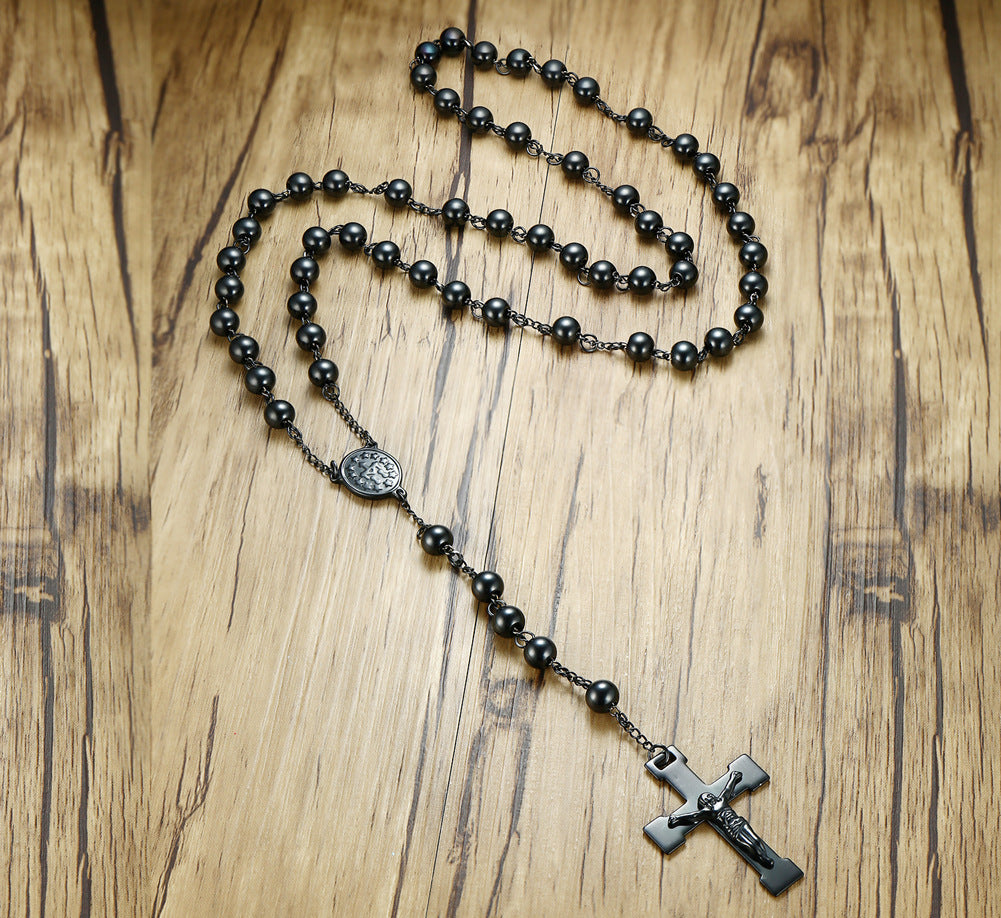 Cross-Border Wholesale Stainless Steel Cross Rosary Necklace