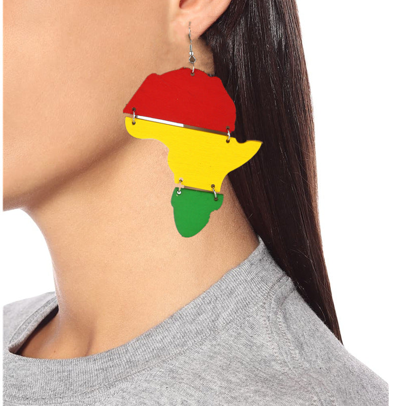 Multicolored Wooden Africa Map Drop Earrings - Vienna Verve Collection