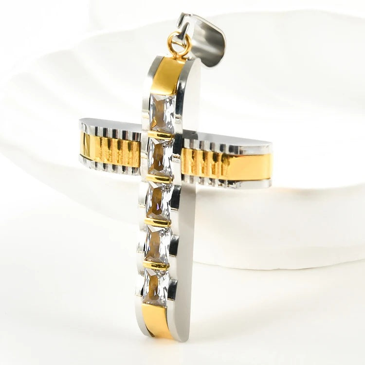 1. Planderful Everyday Genie Mens Cross Pendant Necklace In Stainless Steel With Zircon Inlay