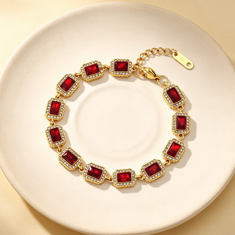 Color Surrounding Square Zircon Stainless Steel Bracelet Palace Style Adjustable