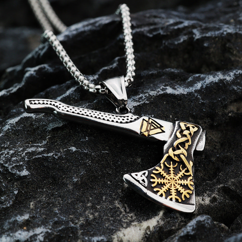 Vintage Men's Stainless Steel Pendant Viking Compass Axe Necklace