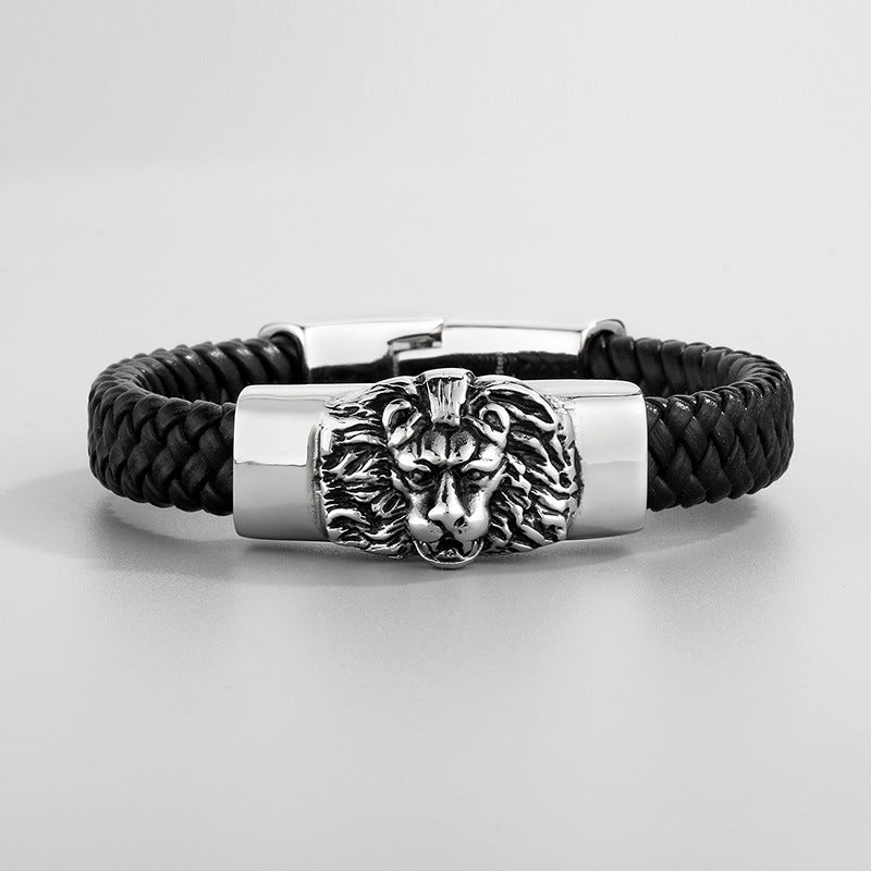 Two-Layer Leather Woven Bracelet – Casting Lion Head Snake Head Ghost Head Titanium
