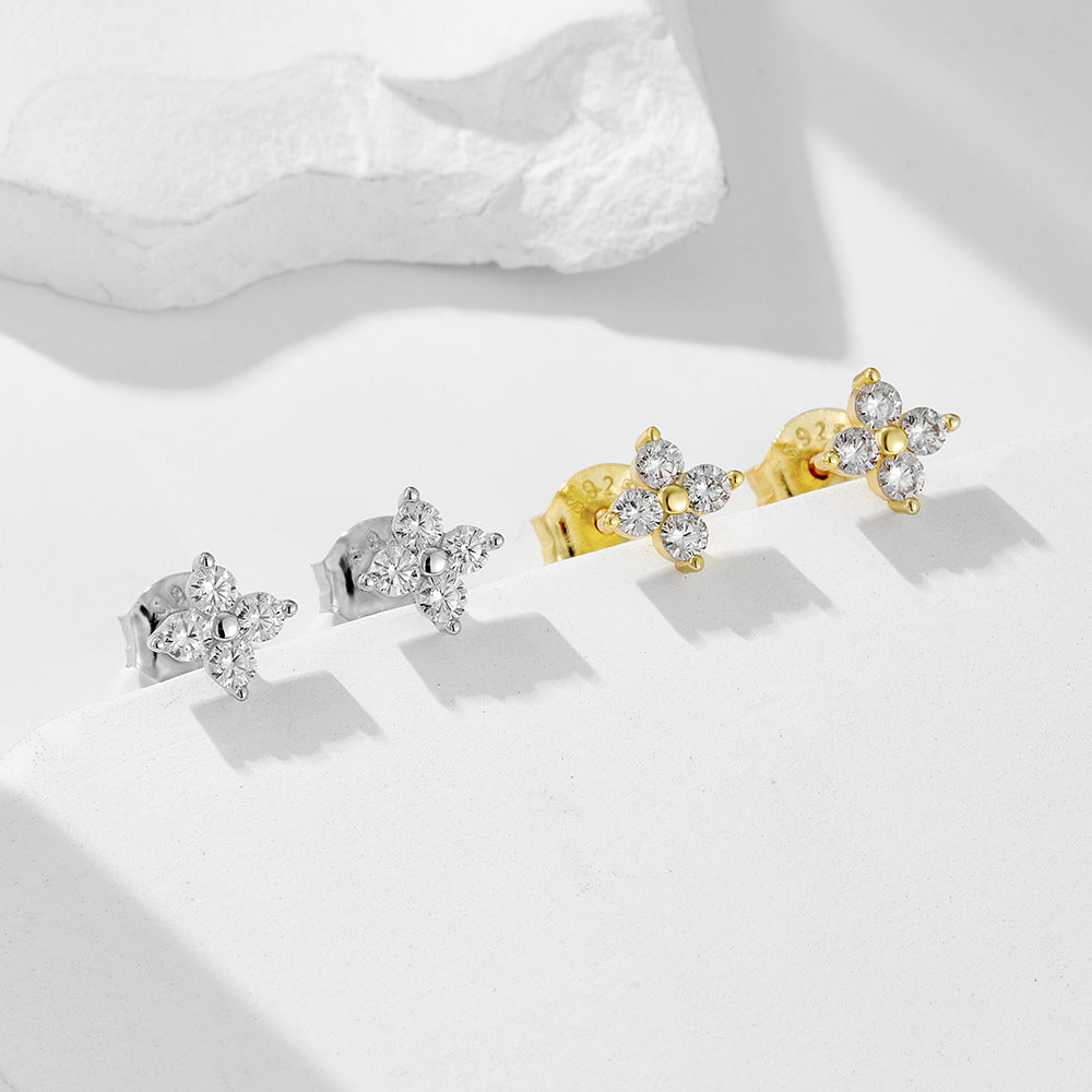 S925 Sterling Silver Four-Leaf Clover Zircon Stud Earrings