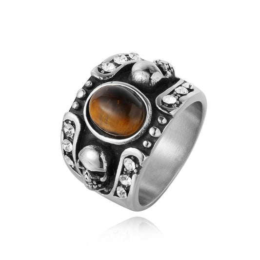 Halloween Skull Oval Tiger Eye Stone Titanium Steel Ring for Men