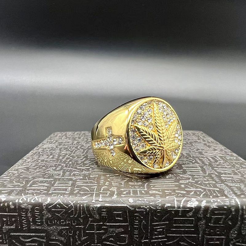 Planderful Collection Hip Hop Titanium Steel Ring For Men Gold Maple Leaf Rhinestone Cross