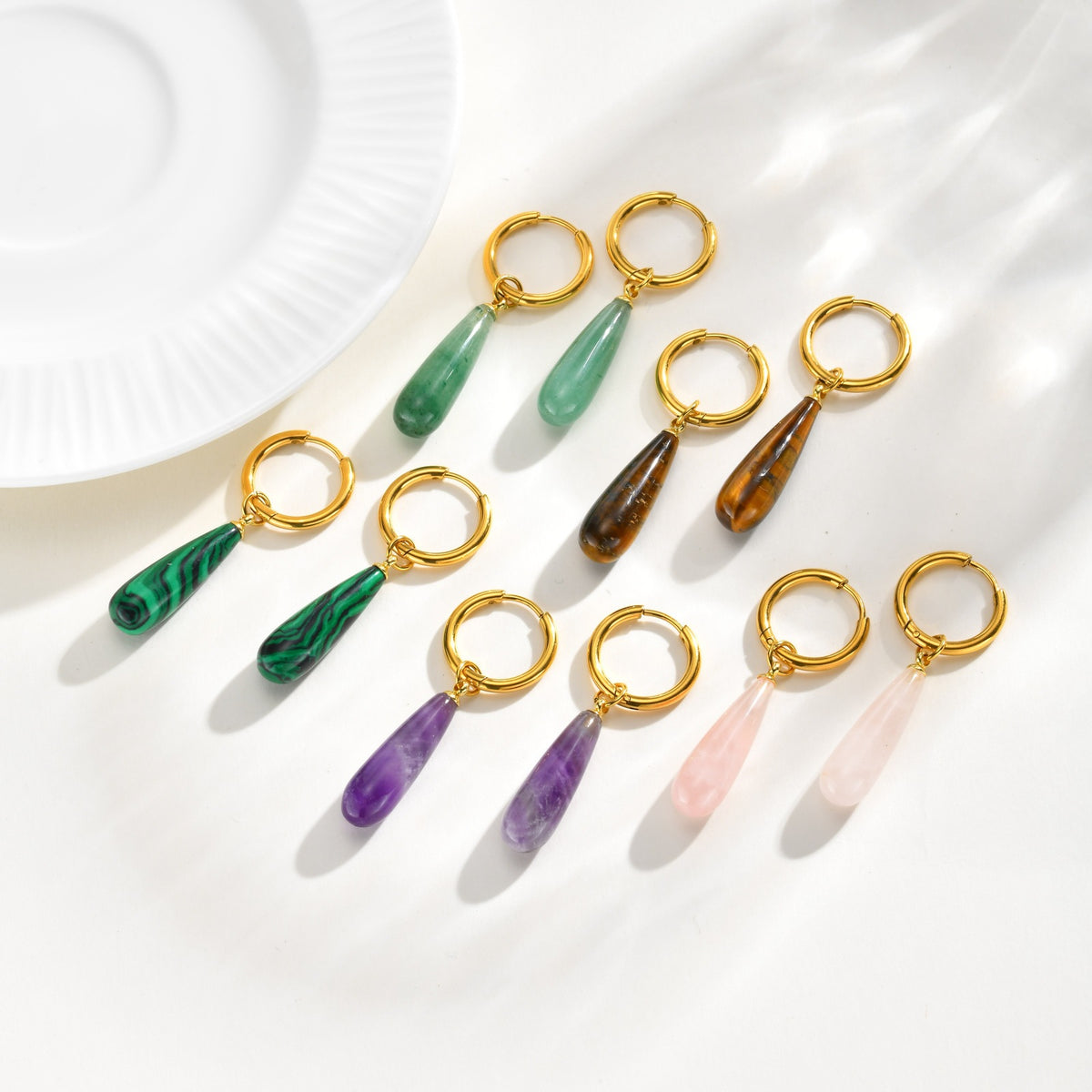 Natural Stone Teardrop Hoop Earrings — 5 Gemstones