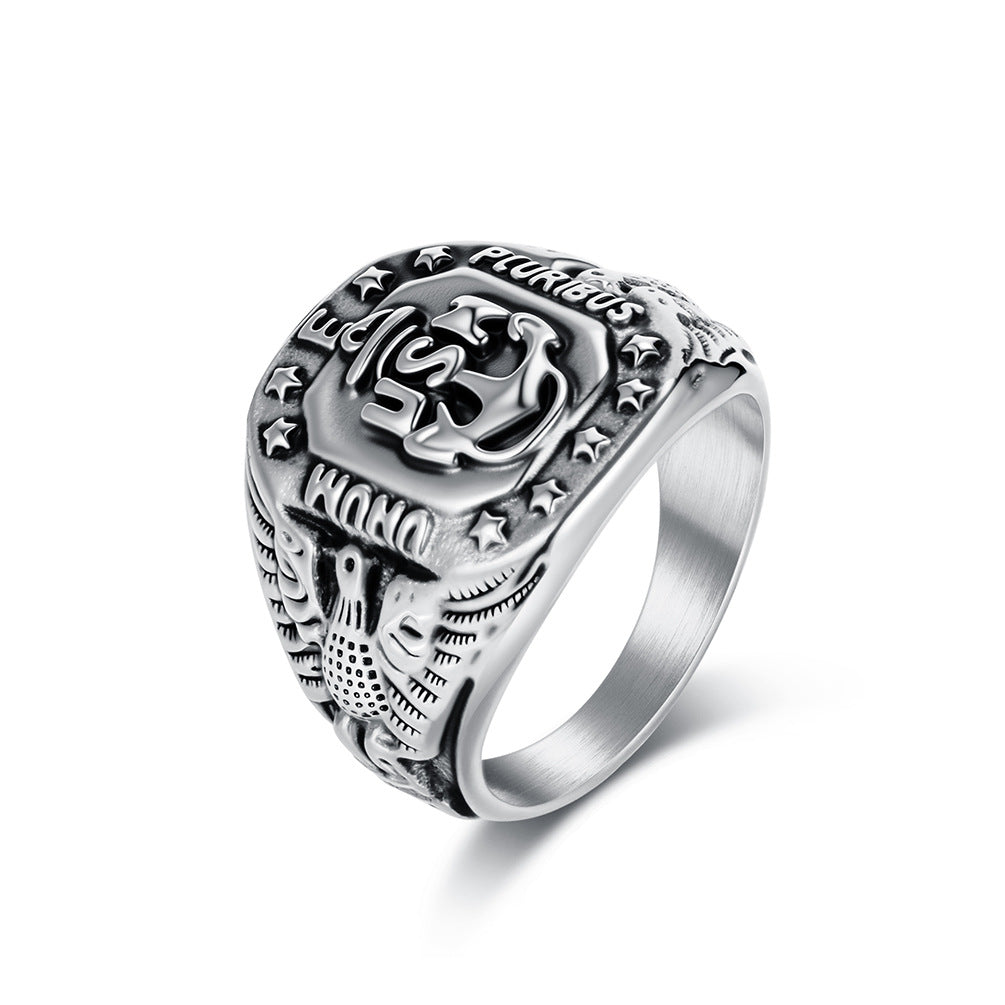 Planderful Hip Hop Ring Stainless Steel Gold Plated US Navy Anchor Eagle For Men