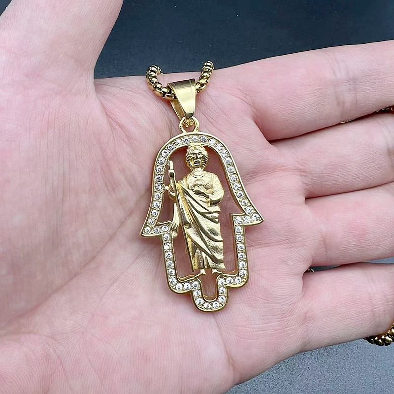 Planderful Hip Hop Pendant Necklace Stainless Steel Gold Plated Zircon Fatima Hand St Jude Urban Jewelry Lovers Must Have
