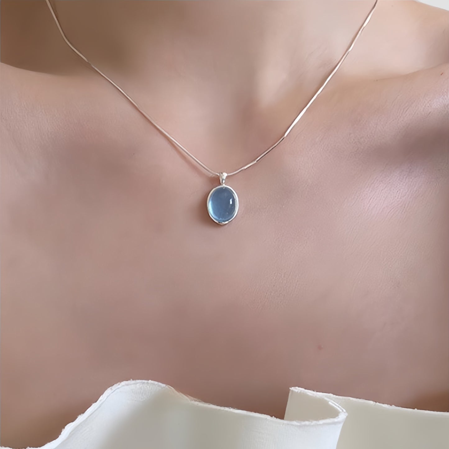 New 925 Sterling Silver Imitation Aquamarine Necklace