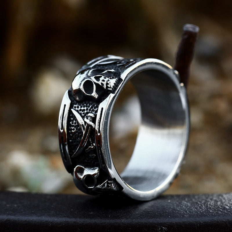 Stainless Steel Punk Hip-Hop Skull Ring for Men - Double Sickle Design in Titanium Steel, Wholesale Options Available