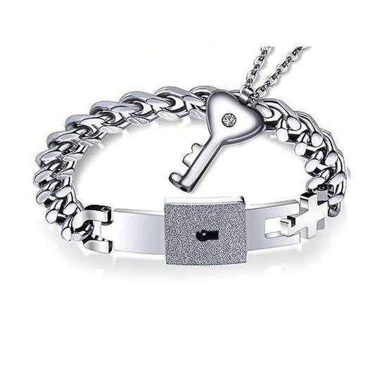 Planderful Stainless Steel Couple Jewelry Set Concentric Lock Bracelet And Necklace For Him And Her