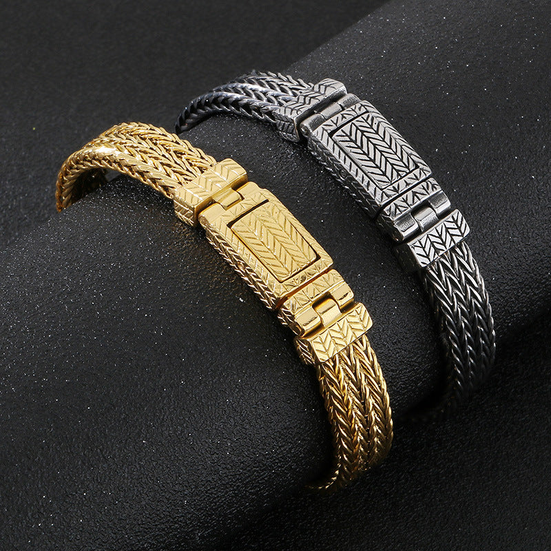Keel Chain Punk Style 7/10mm Woven Wheat Ear Pattern Stainless Steel Men's Bracelet