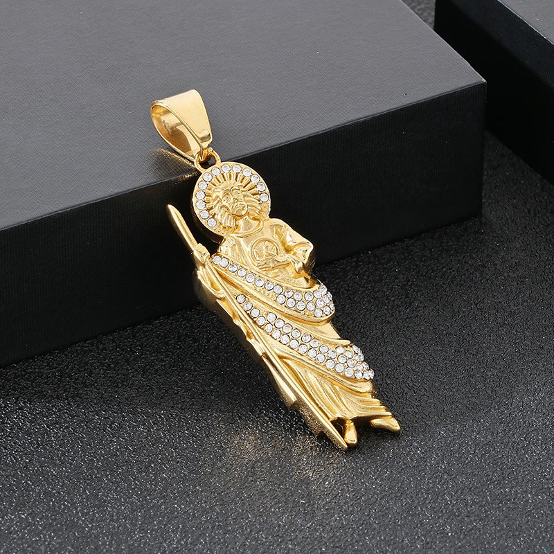 Stylish Zircon Necklace, Vintage Vacuum Plated St. Jude God Titanium Steel Pendant For
