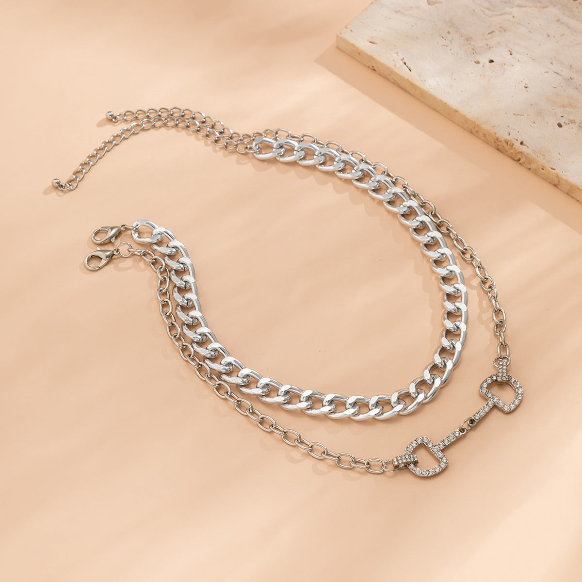 Planderful Vienna Verve D Shaped Zircon Necklace For Urban Streetwear Fans Bold Double Layer Hip Hop Chain