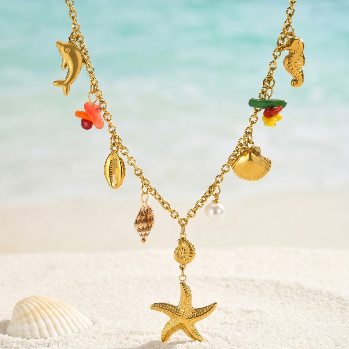 Summer Ocean Wind Dopamine Ladies Stainless Steel Conch Starfish Shell Imitation Pearl Necklace