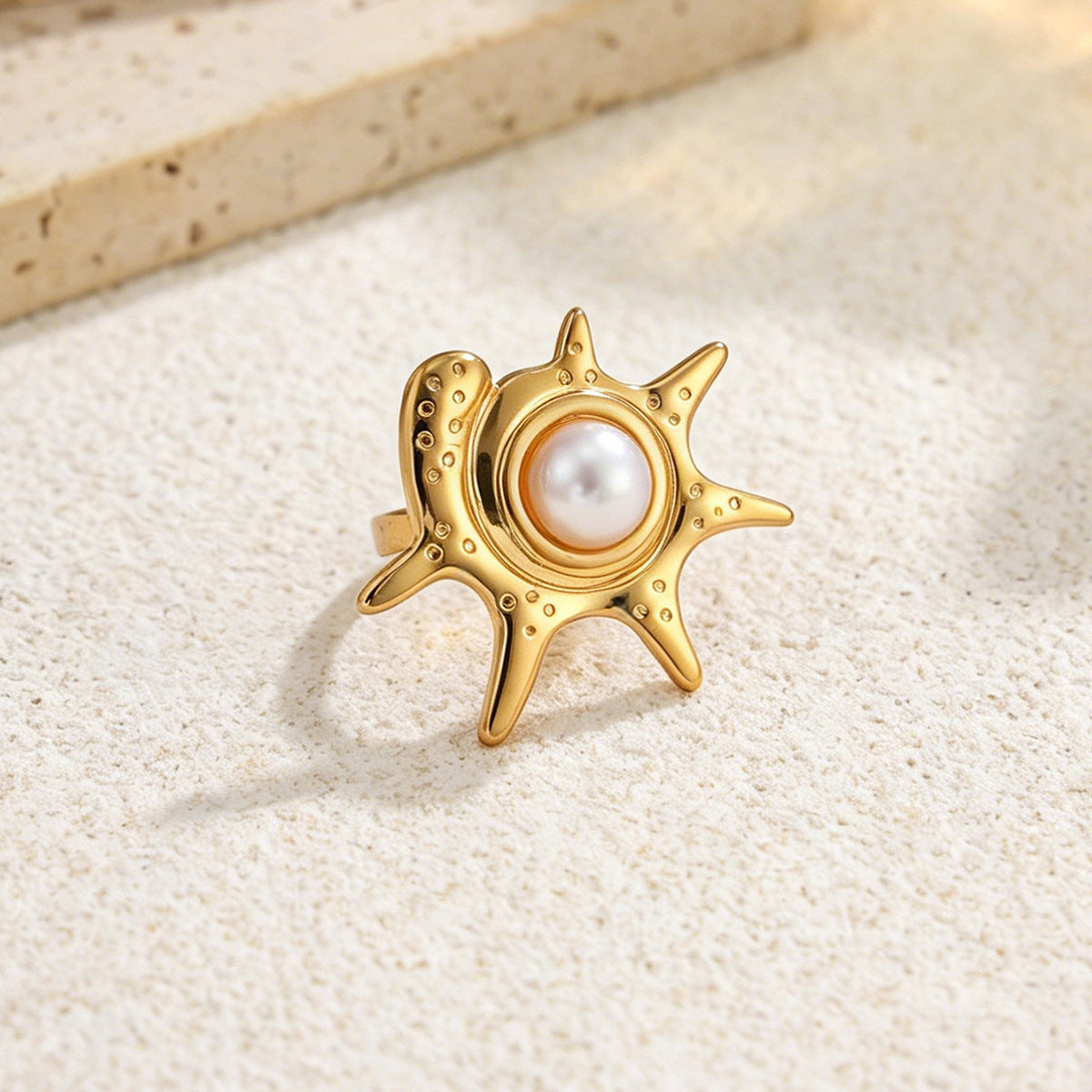 Planderful Ocean Starfish Ring With Imitation Pearl Adjustable Stainless Steel Statement Beach Jewelry For Women