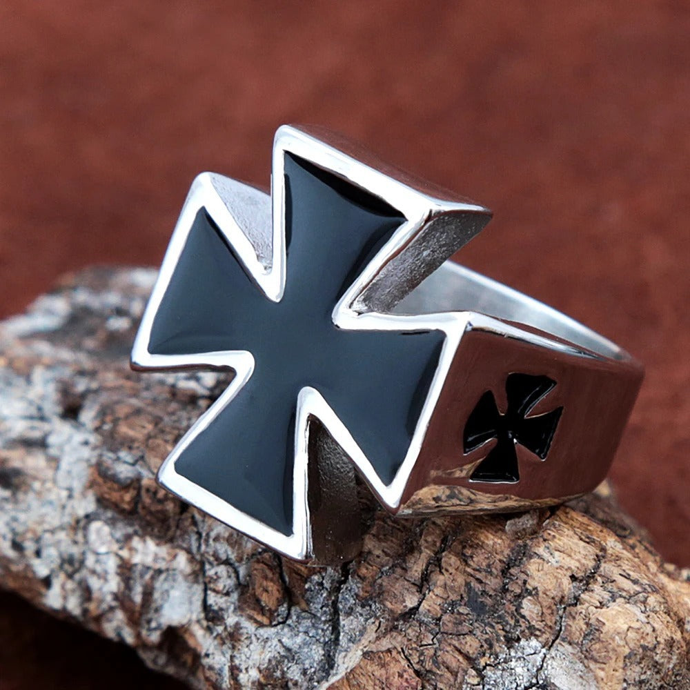 Planderful Titanium Steel German Iron Cross Ring With Epoxy Inlay For Men Bold Retro Statement