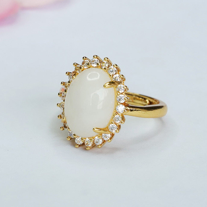 Exquisite Oval White Jade Ring with Zircon Halo