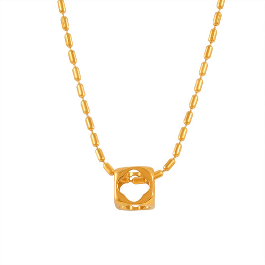 Golden Box Pendant Titanium Bead Chain Necklace with Hollow Design
