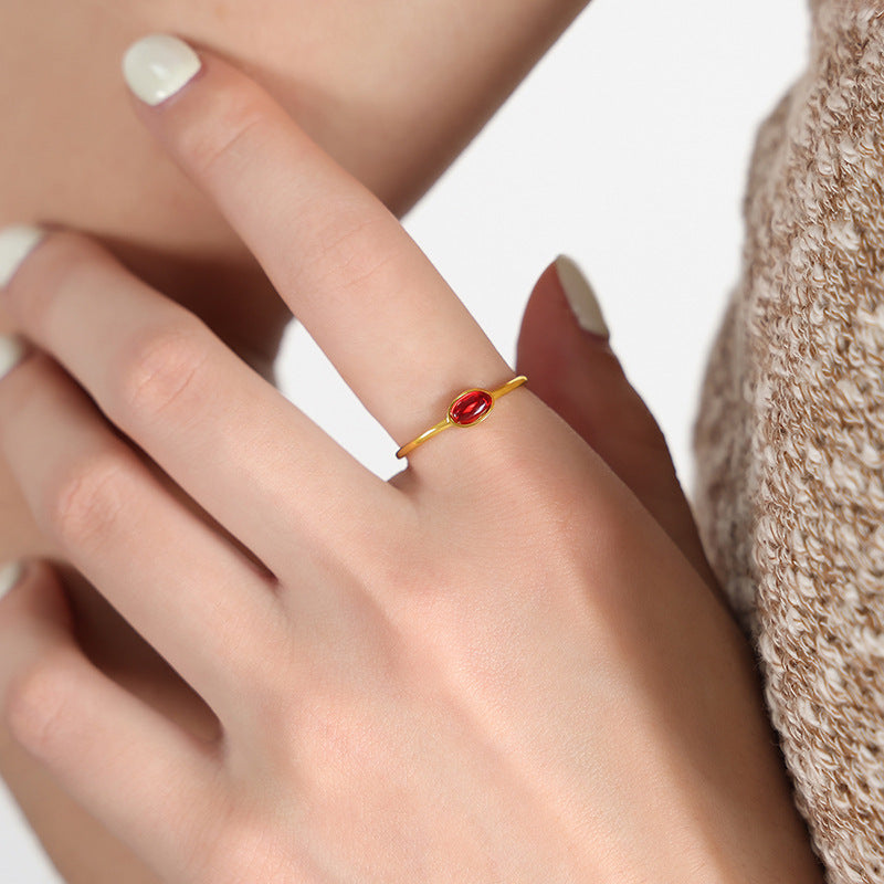 Colorful Spar Inlay Titanium Steel Gold-Plated Thin Ring - Korean Style Women's Jewelry