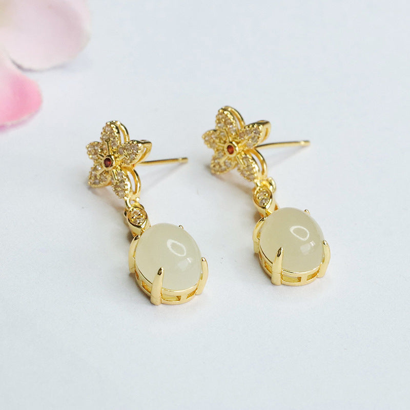 Floral Drop Earrings crafted with Natural Hotan White Jade