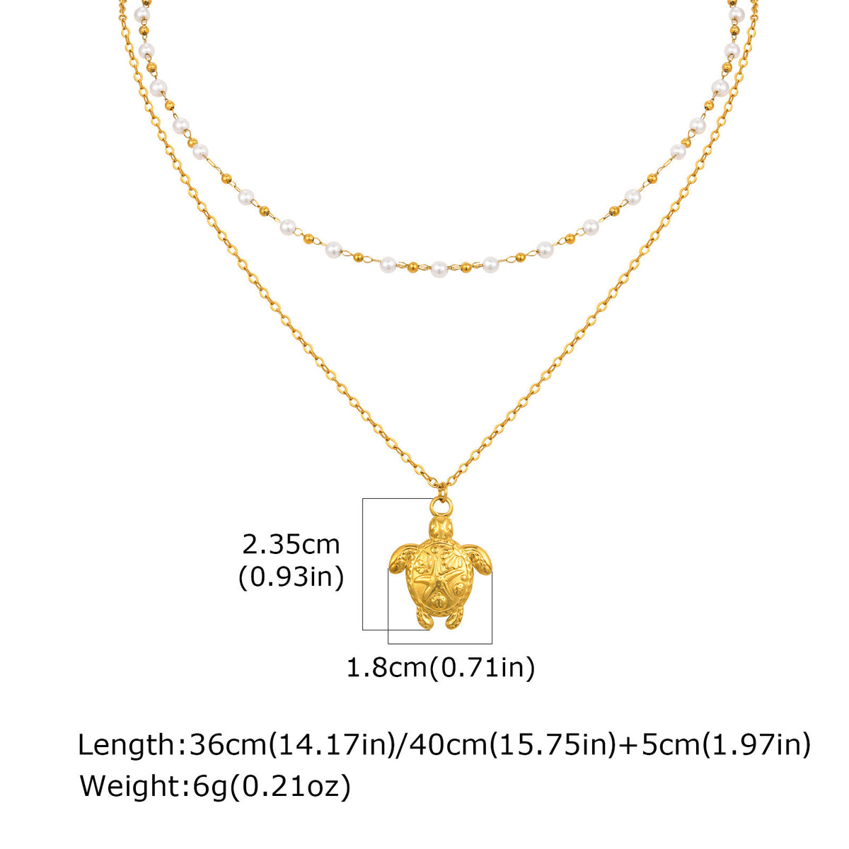 Summer Seaside Ocean Wind Stainless Steel Turtle Imitation Pearl Double Layer Necklace